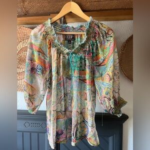 Cowgirl Up Sheer smocked boho Top large